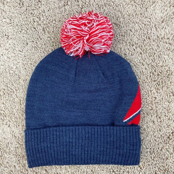 Reebok Pom Pom Beanie Women's‎ Logo Intarsia Knit Cap Blue, Red Trim OSFM NWT - Picture 2 of 6